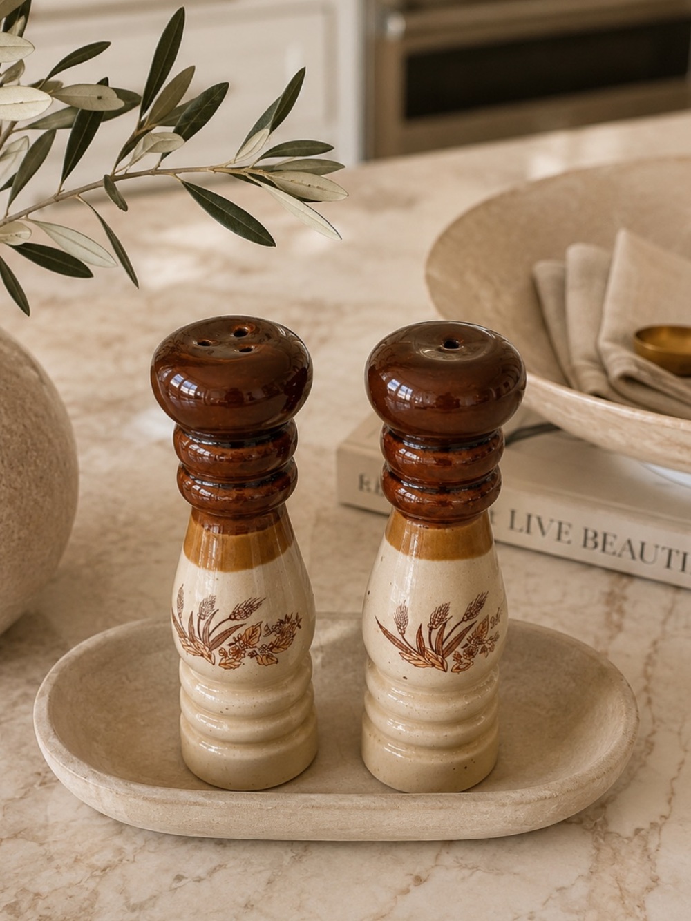 Vintage Ceramic Salt and Pepper Shakers in Brown and Cream